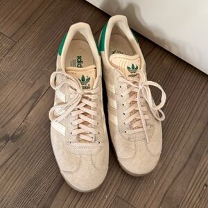 Adidas Gazelle Tan/Grey, White and Green shoes. Size 8.5